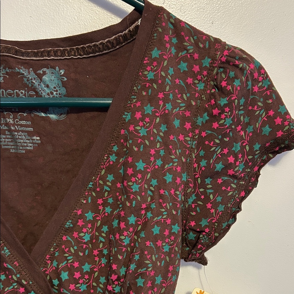 Energie Brown vintage Floral V-Neck Blouse size M - Picture 3 of 6